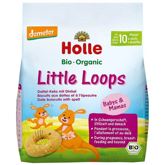 Holle Biscuiți din spelt și fulgi de ovăz cu data Bio, Little Loops, de la 10 luni, 80 g