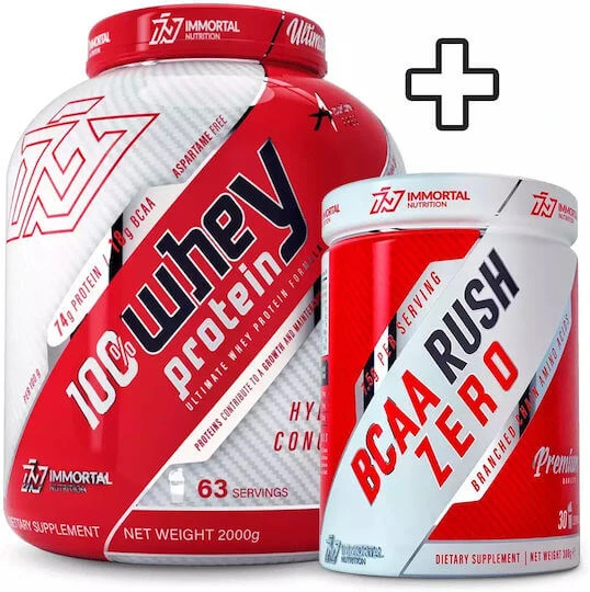 Immortal Nutrition 100% Whey Protein 2000gr Raspberry Cheesecake & BCAA Rush Zero 300gr Strawberry