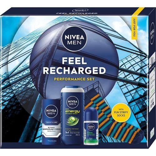 Nivea Men Feel Recharged Set cosmetic pentru bărbați Cremă de față hidratantă, 75 ml + Gel de duș, 250 ml + Roll-On antiperspirant, 50 ml + Șosete pentru bărbați, 1 pereche