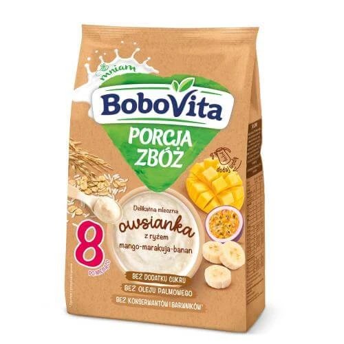 BoboVita Porcja zboża Fulgi de ovăz delicați și lăptoși cu orez mango-maracuja-banană, 210g