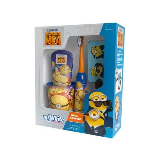 Set periuță de dinți Mr.White Minions 3+ periuță de dinți electrică + pastă de dinți, 75ml + cană + breloc