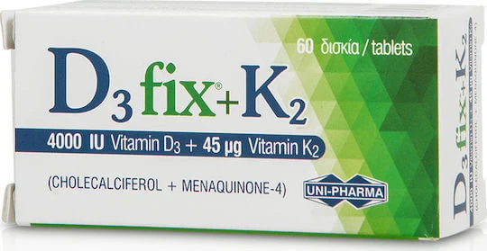 D3 Fix + K2 vitamine pentru întărirea sistemului imunitar & sănătatea oaselor,  60 tablete, Uni-Pharma