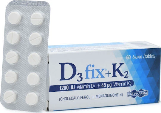 UNI-PHARMA D3 Fix + K2 Vitamina pentru Întărirea Sistemului Imunitar & Sănătatea Oaselor 1200iu 45mcg 60 Tablete
