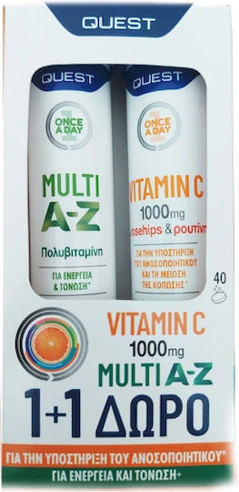 Quest Multi A-Z & Vitamin C 1000mg Multivitamină pentru Energie & Întărirea Sistemului Imunitar 1000mg Portocaliu 2 x 20 comprimate efervescente