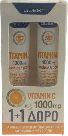 Quest Vitamin C With Rosehips & Rutin Vitamina pentru Întărirea Sistemului Imunitar, Pielea & Acțiune Antioxidantă 1000mg Portocaliu 40 file de ef