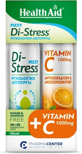 Health Aid Fizzy Di-stress Combo Pack Supliment Alimentar Bună Funcționare Psihologică & Vitamina C 1000mg 2x20 Comprimate Efervescente