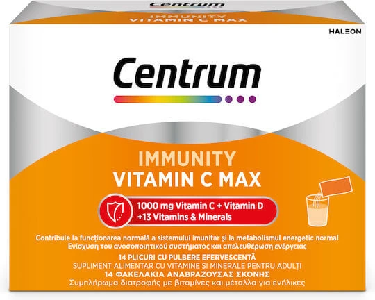 Centrum Immunity Vitamin C Max Vitamina Effervescent Powder pentru Energie, Întărirea Sistemului Imunitar & Pielea 1000mg 14 pliculețe