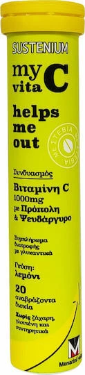 Menarini Sustenium Myvita C Helps Me Out Vitamina pentru Întărirea Sistemului Imunitar, Pielea & Acțiune Antioxidantă 1000mg Lămâie 20 file de ef