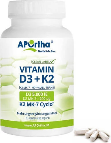 Aportha Vitamin D3 + K2 Vitamina pentru Întărirea Sistemului Imunitar & Sănătatea Oaselor 5000iu 120 capace