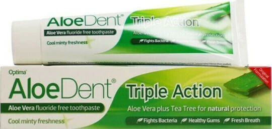 Optima Naturals AloeDent Triple Action Pastă de dinți Fără fluor pentru Albire , Carii dentare , Gingivită și Placă bacteriană cu Aloe 100ml