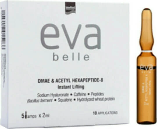 InterMed Eva Belle DMAE & Acetyl Hexapeptide-8 Ser hidratant și anti-îmbătrânire pentru față cu acid hialuronic pentru strălucire și lifting 5x2ml
