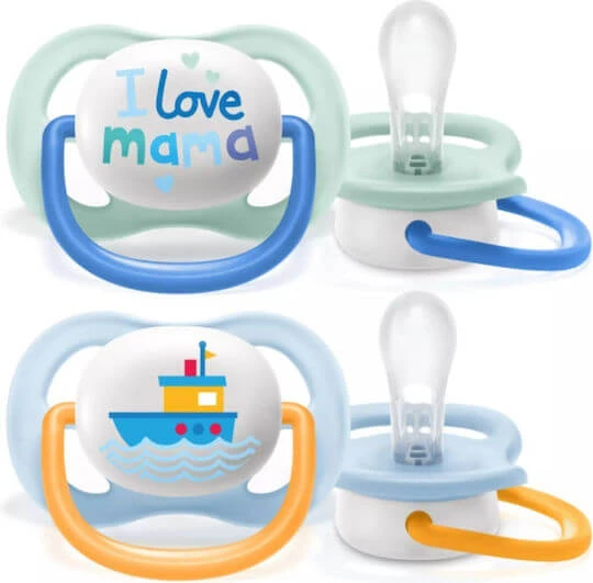 Philips Ultra Air Suzete ortodontice Silicon cu husă I Love Mama - Albastru pentru 0-6 luni 2buc