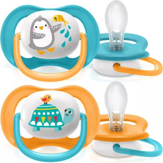 Philips Ultra Air Suzete ortodontice Silicon cu husă Penguin-Țestoasă - Albastru - Portocaliu pentru 6-18 luni 2buc