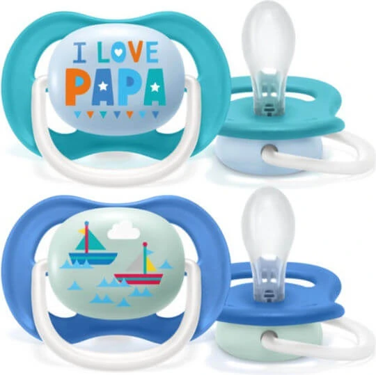 Philips Ultra Air Suzete ortodontice Silicon cu husă I Love Papa - Albastru pentru 6-18 luni 2buc
