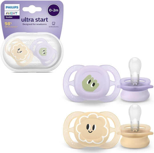 Philips Ultra Start Suzete ortodontice Silicon Suzeta Violet & Galben pentru 0-2 luni 2buc
