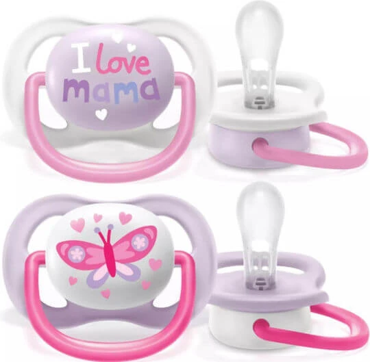 Philips Ultra Air Suzete ortodontice Silicon cu husă I Love Mama - Roz pentru 0-6 luni 2buc
