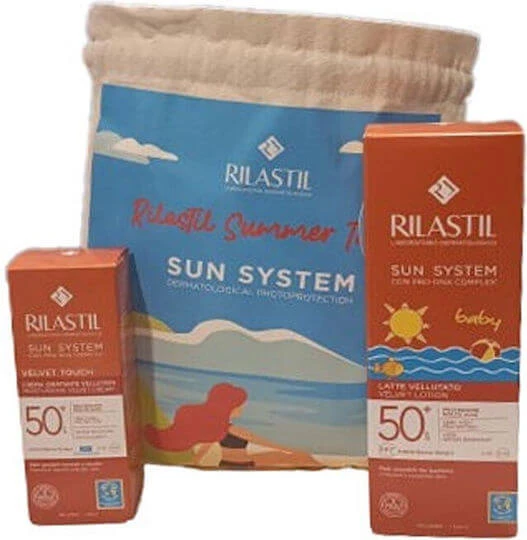 Rilastil Sun System Baby Velvet Lotion Waterproof Bebeluș Crema de Soare Emulsie SPF50 200ml & Cadou Sun System Velvet Touch 50ml & Geantă de pânză