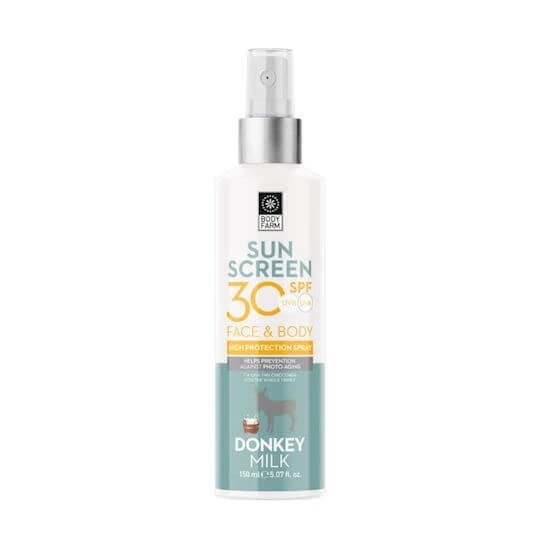 Bodyfarm Donkey Milk Emulsie Cu Protecție Solară Pentru Față și Corp SPF30 Spray 150ml