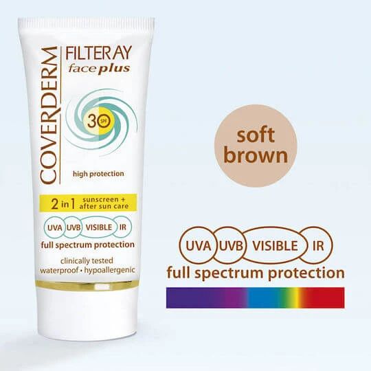 Coverderm Filteray Plus 2 în 1 Cremă Antisolară Față Tinted Maro Moale Pentru Ten Gras Waterproof Protecție Solară (SPF30) Cu Pigment 50ml
