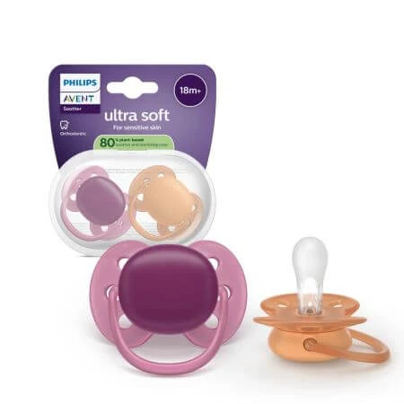 Suzeta Ultra Soft Pacifier Philips Avent, Mov/Portocaliu, 18 luni+, SCF093/03, 2 bucati, Philips