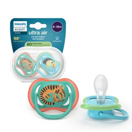 Suzeta Ultra Air Pacifier Philips Avent, Papagal/Tigru, 6-18 luni, SCF087/11, 2 bucati, Philips