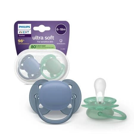 Suzeta Ultra Soft Pacifier Philips Avent, Albastru/Verde, 6-18 luni, SCF091/42, 2 bucati, Philips