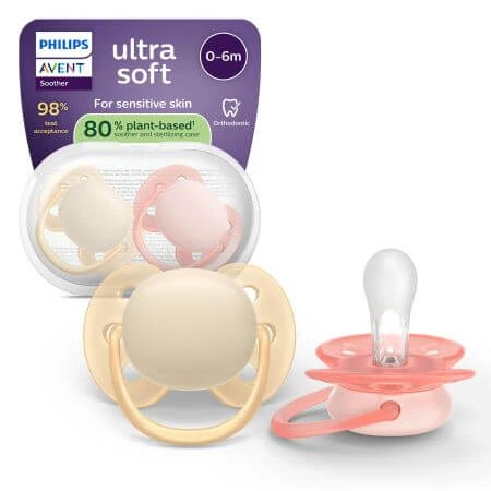 Suzeta Ultra Soft Pacifier Philips Avent, Roz/Portocaliu, 0-6 luni, SCF091/38, 2 bucati, Philips