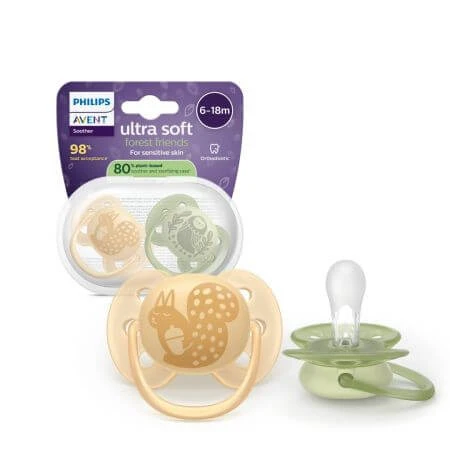 Suzeta Ultra Soft Pacifier Philips Avent, Veverita/Bufnita, 6-18 luni, SCF091/46, 2 bucati, Philips