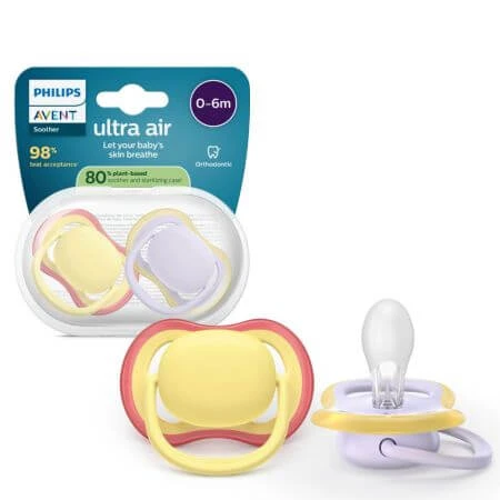 Suzete Ultra Air, Mov/Galben, 0-6 luni, SCF087/03, 2 buc, Philips Avent