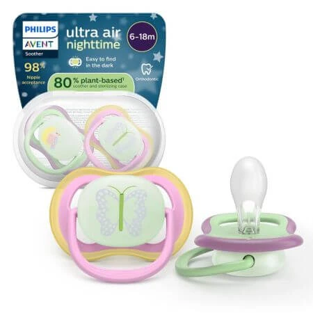 Suzete fosforescente Ultra Air, Pasare / Fluture, 6-18 luni, SCF376/29, 2 buc, Philips Avent