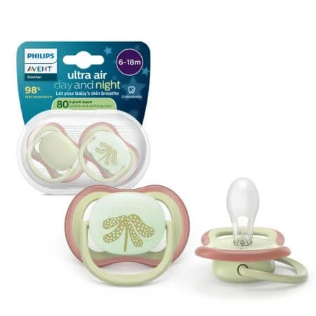 Suzete fosforescente Ultra Air, Verde, 6-18 luni, SCF087/18, 2 buc, Philips Avent