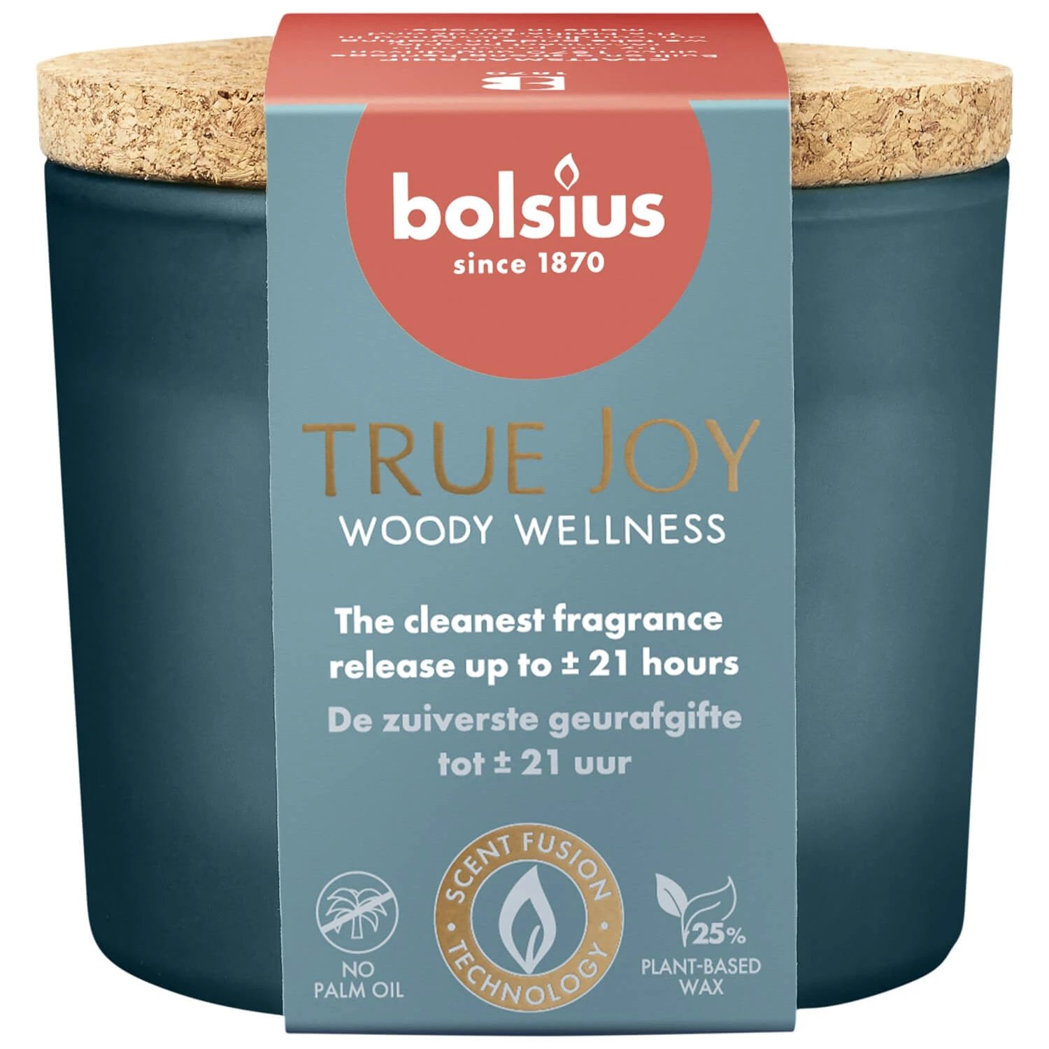 Bolsius True Joy Woody Wellness, lumânare parfumată cu capac din plută
