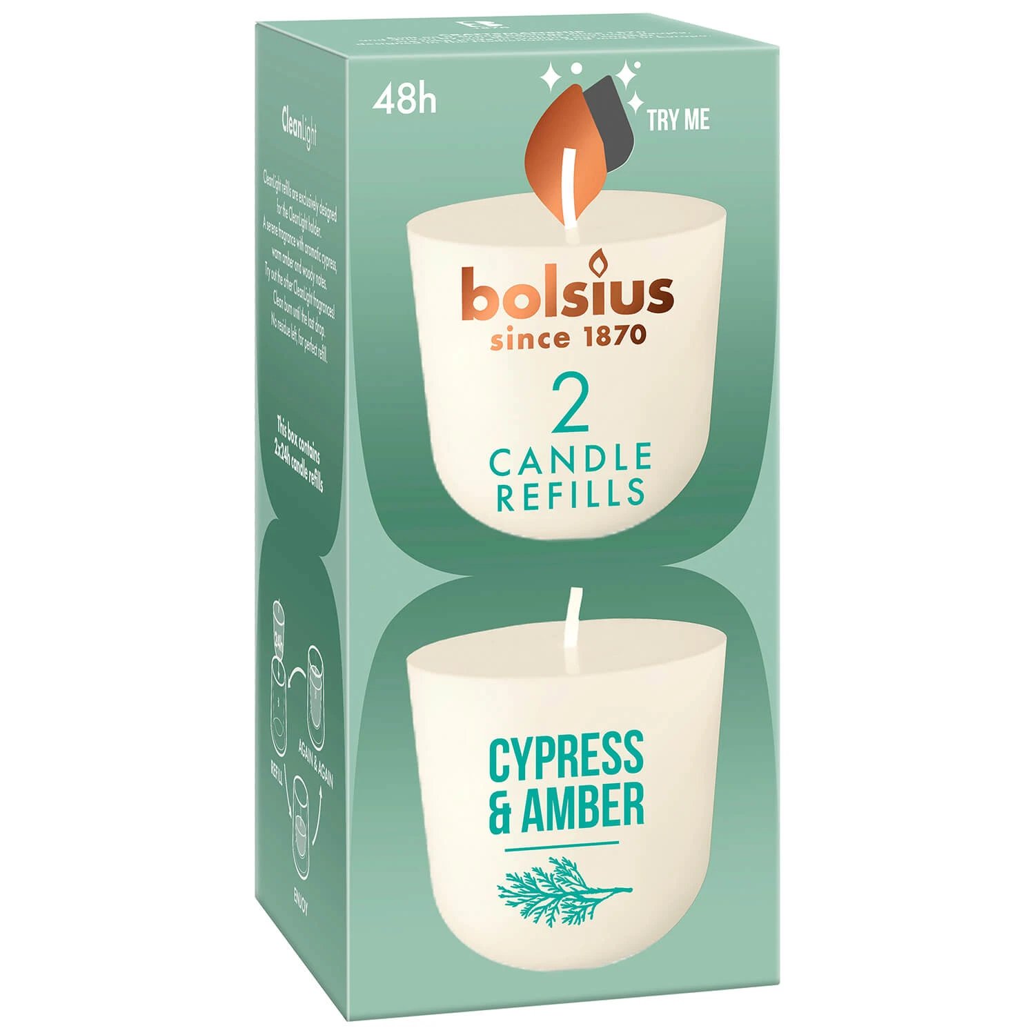 Bolsius Clean Light Cypress & Amber, reîncărcare parfum lumânare, 20 h, 2 bucăți