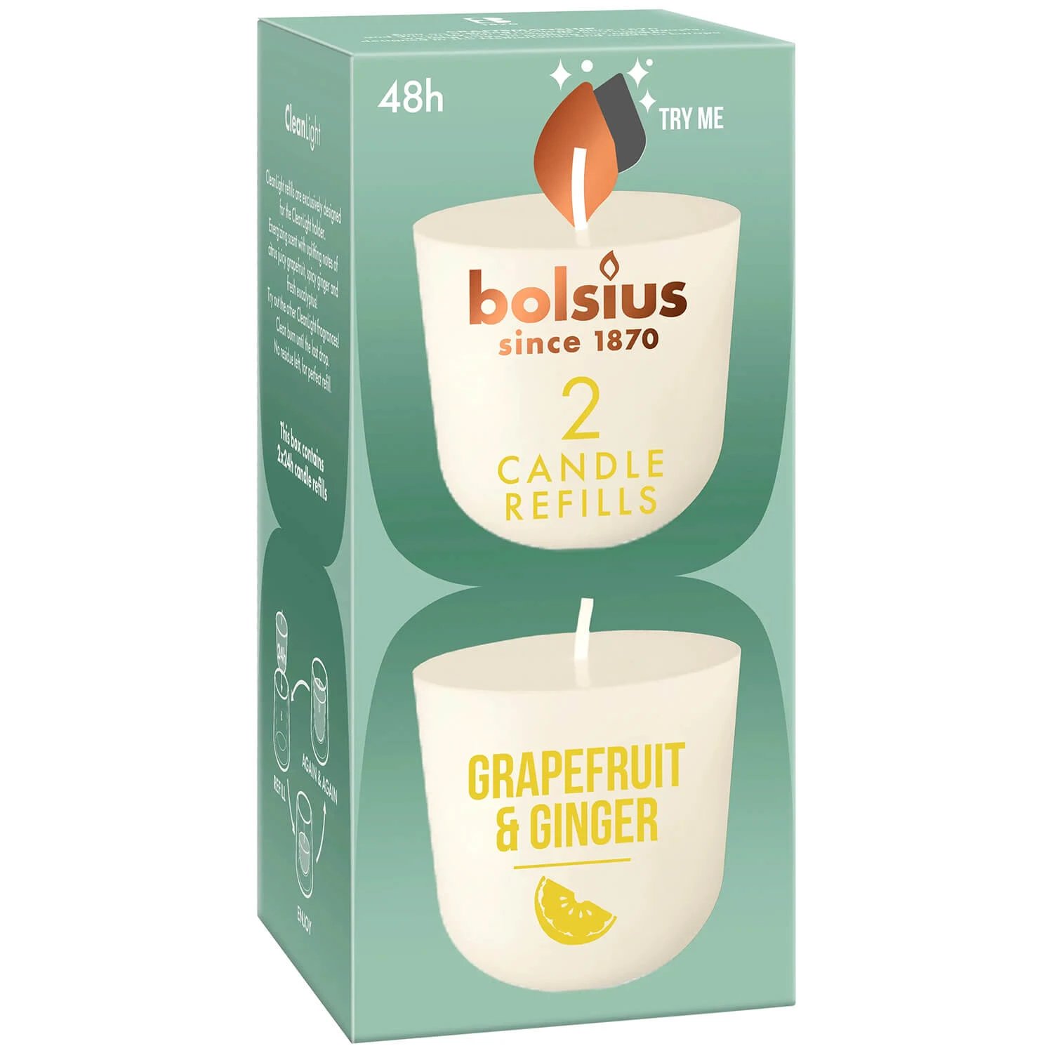 Bolsius Clean Light Grapefruit & Ginger, reîncărcare parfum lumânare, 20 h, 2 buc