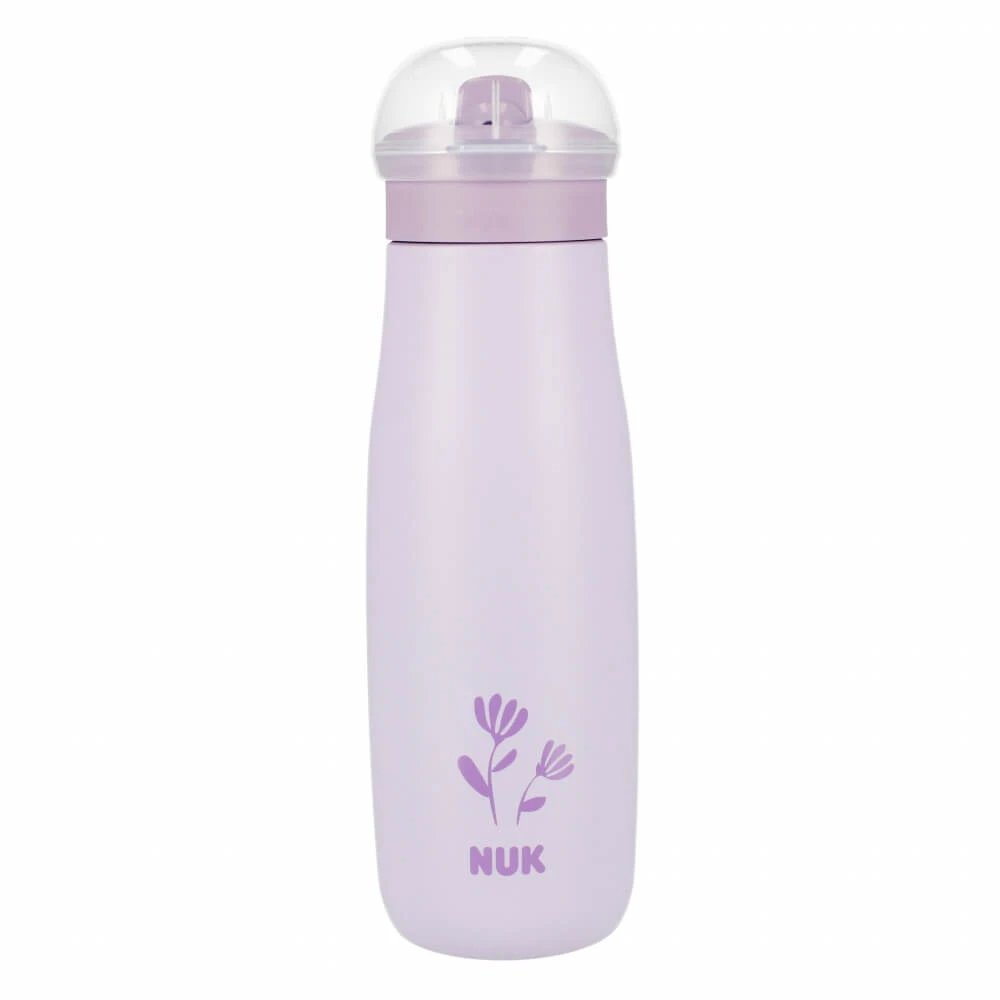 NUK Mini-Me Flip, ceașcă din oțel 2 în 1 cu bot, violet, floare, de la 12 luni, 500 ml