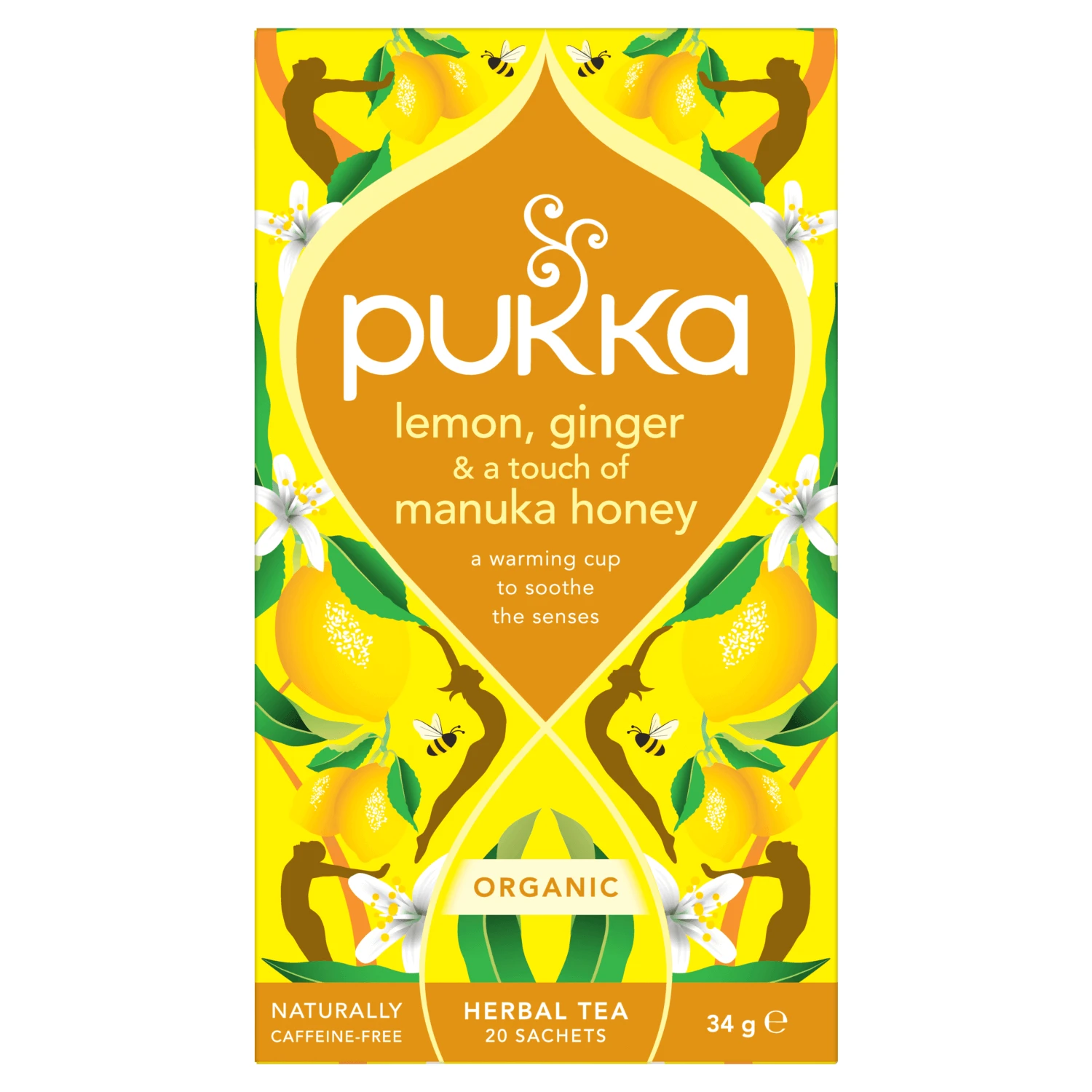 Pukka Lemon Ginger & Manuka Honey Organic, ceai de fructe și plante, ghimbir și lămâie, aromat, 2 g x 20 pliculețe