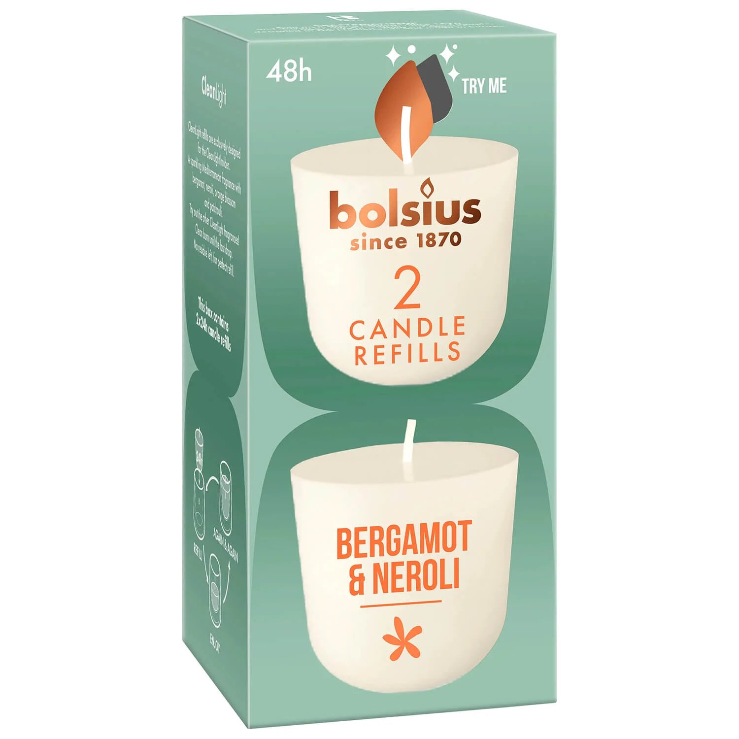 Bolsius Clean Light Bergamot & Neroli, reîncărcare parfum lumânare, 20 h, 2 buc
