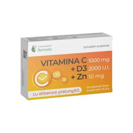 Vitamina C 1000 mg + Zinc 10 mg + D3 2000 UI, 30 comprimate filmate, Remedia