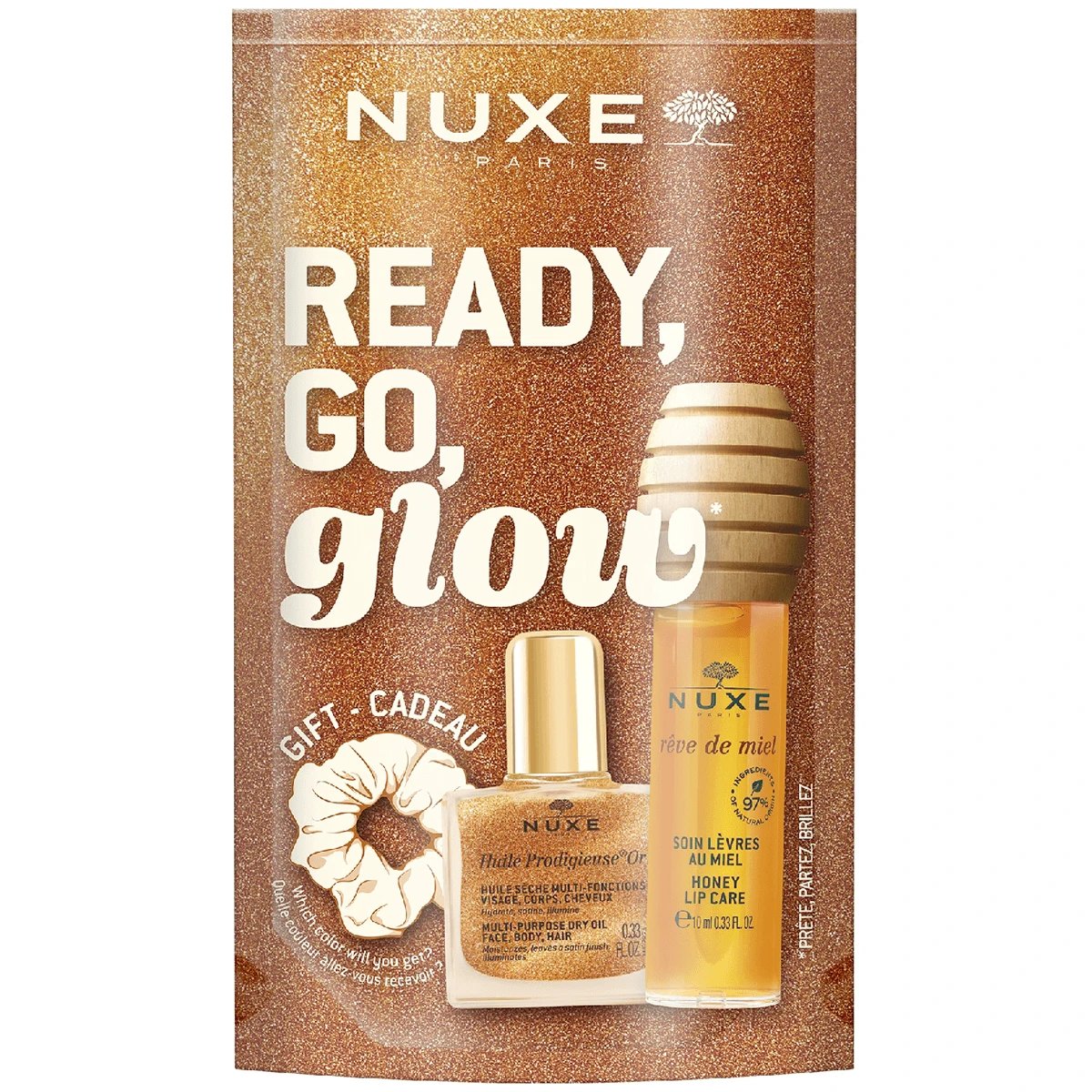 Set Nuxe Ready Go Glow, ulei de buze cu miere, 10ml + ulei uscat, 10ml + bandă elastică pentru păr