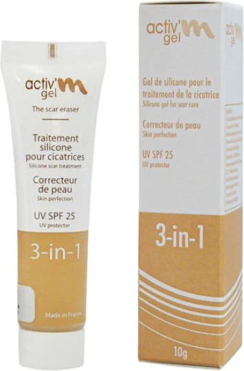 Activ’m Gel pentru Cicatrici 3 În 1 Tratament cu Gel de Silicon SPF25 Terapie cu Gel pentru Prevenirea și Tratamentul Cicatricilor Hipertrofice și Cheloidelor cu Factor de Protecție Solară 10g