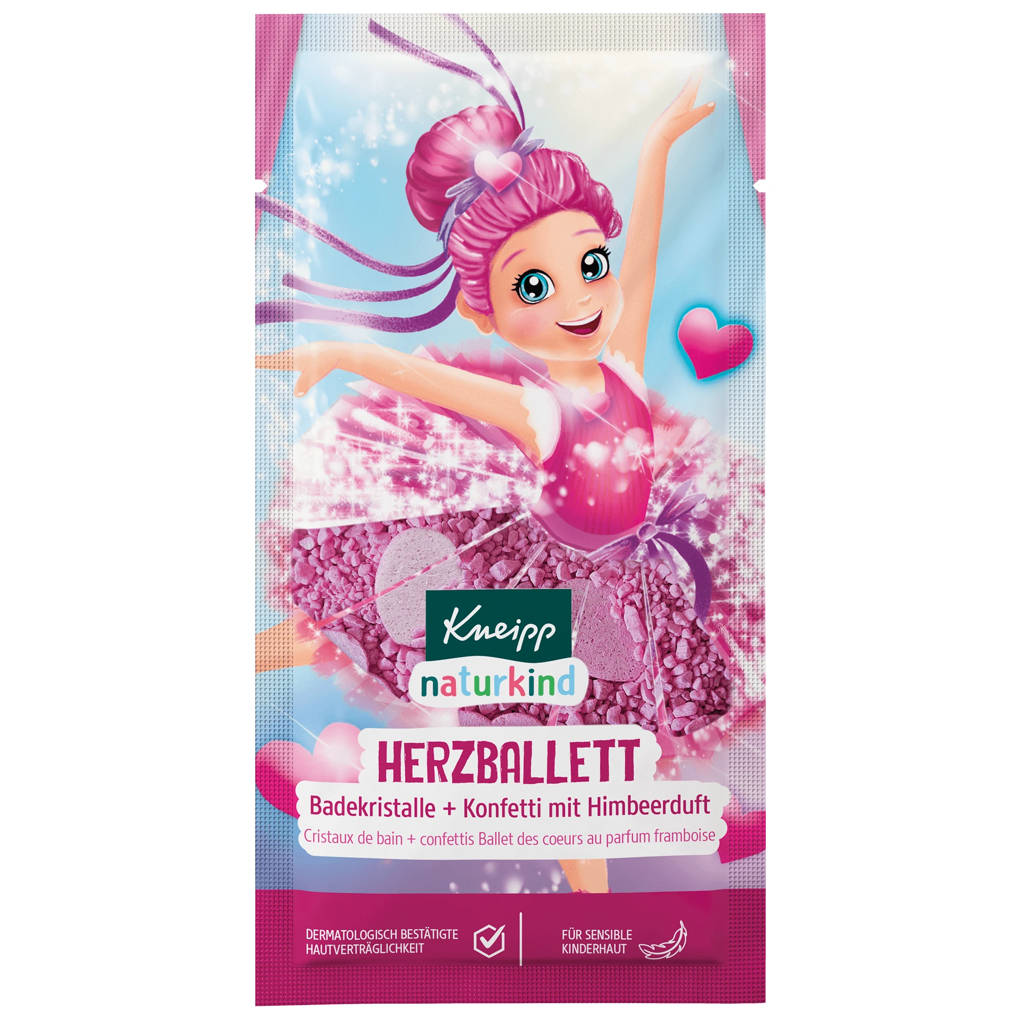Kneipp Naturkind Ballet of Hearts, sare de baie + confetti, zmeură, 40 g