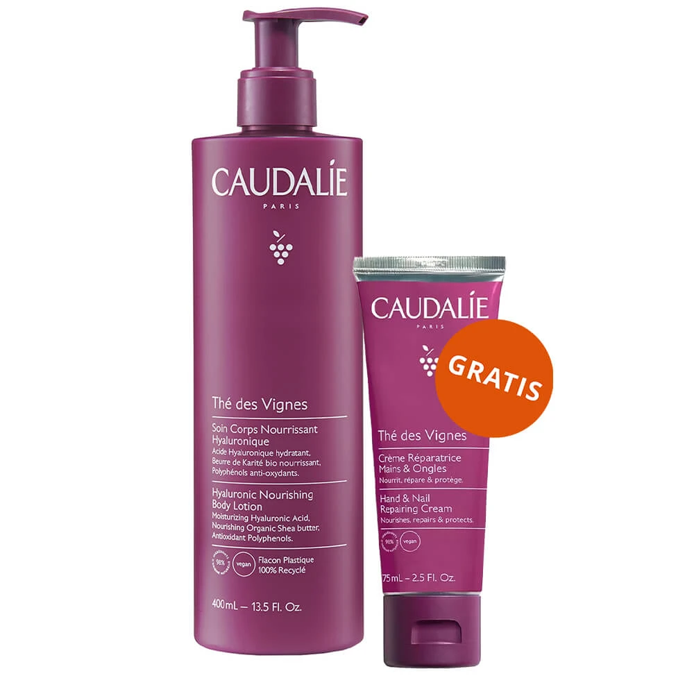 Caudalie The des Vignes, loțiune hidratantă pentru corp cu acid hialuronic, 400 ml + cremă regenerantă pentru mâini și unghii, 75 ml gratuit