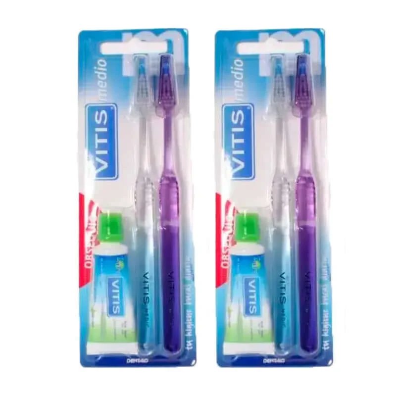 VITIS Periuță de dinți medie + pastă de dinți anti-carie Pachet 2 x 15 ml