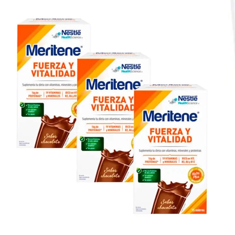 Meritene Strength & Vitality Shake cu aromă de ciocolată 3x15 pliculețe, 30g
