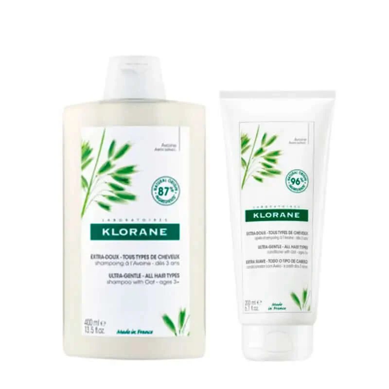 Pachet de șampon cu lapte de ovăz Klorane, 400 ml + balsam cu lapte de ovăz Klorane, 200 ml