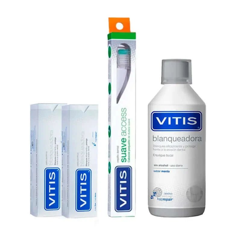 Pachet de albire VITIS (apă de gură 500ml + pastă de dinți 2x100ml + periuță de dinți moale)