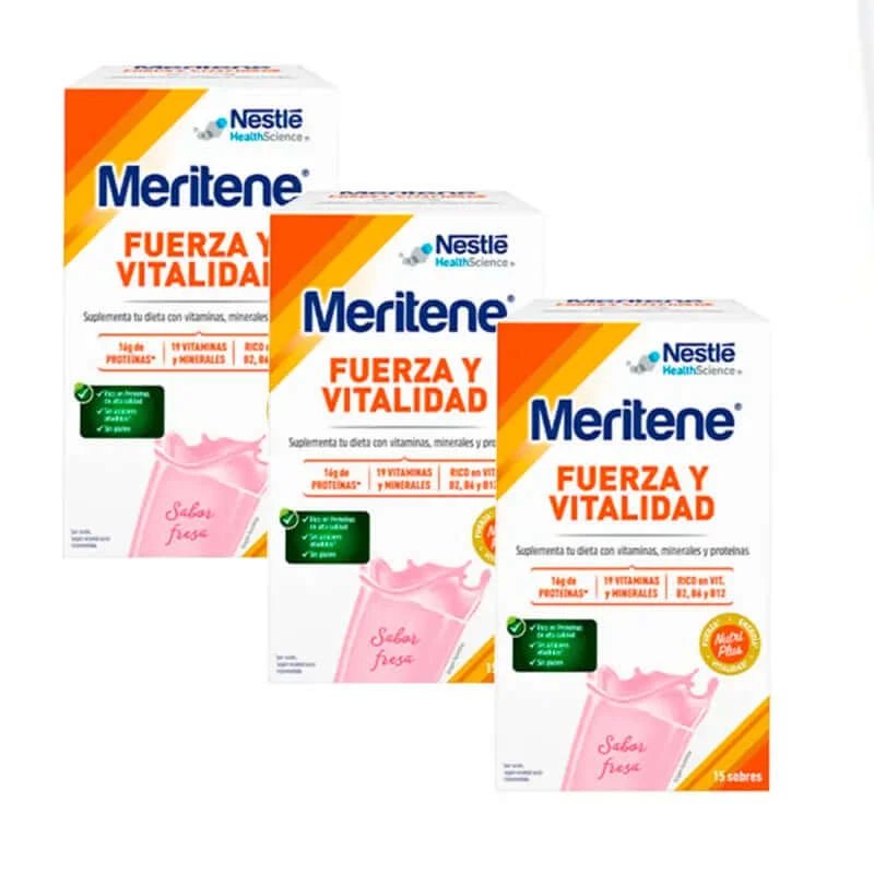 Meritene Strength & Vitality Shake aromă de căpșuni, 3x15 pliculețe 30 Gr