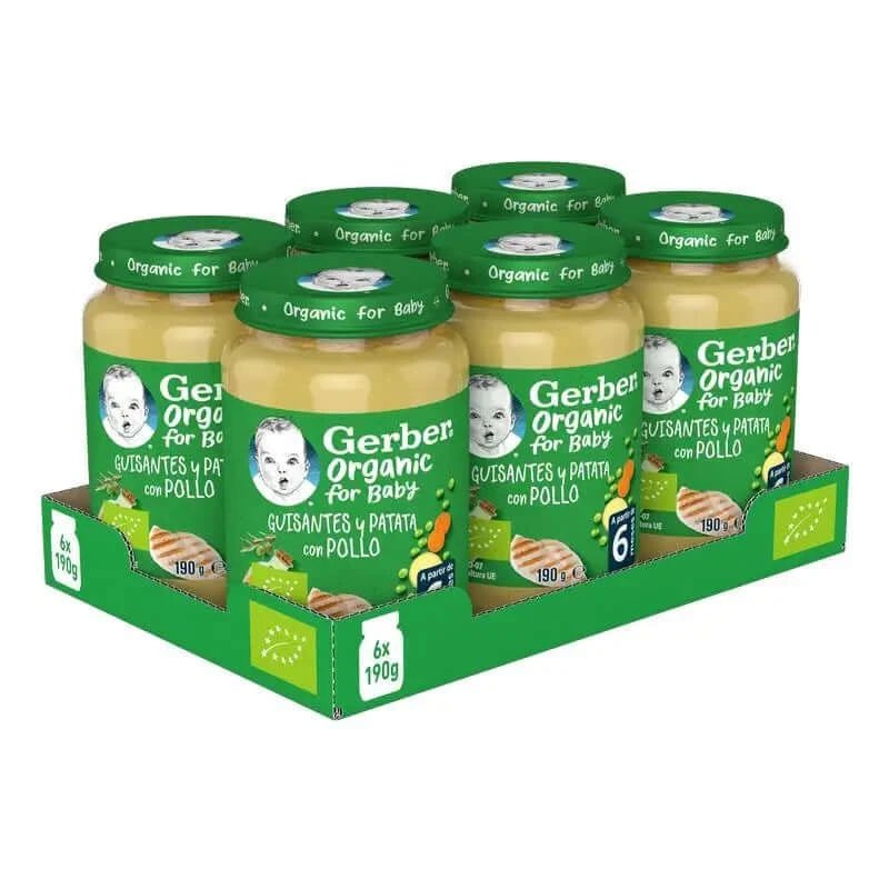 GERBER Pack Savuros Organic Mazăre Mazăre Cartofi Pui Borcane , 190g x 6 unități
