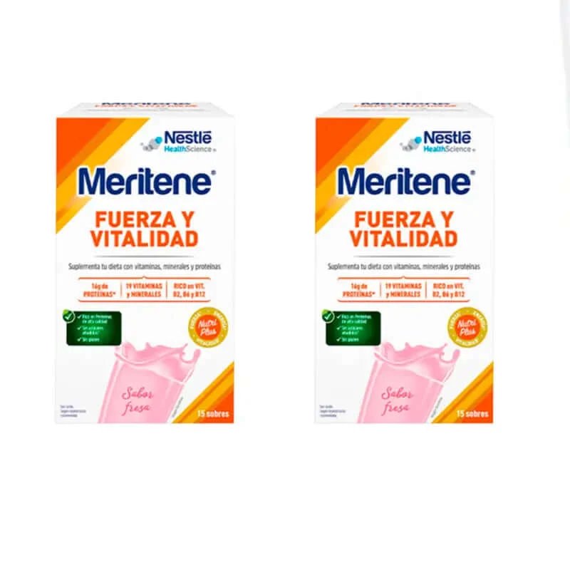 Meritene Strength & Vitality Shake cu aromă de căpșuni, 2 x 15 pliculețe 30 grame