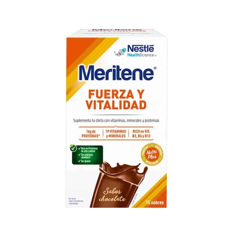 Meritene Strength & Vitality Shake cu aromă de ciocolată, 15 pliculețe x 30 g